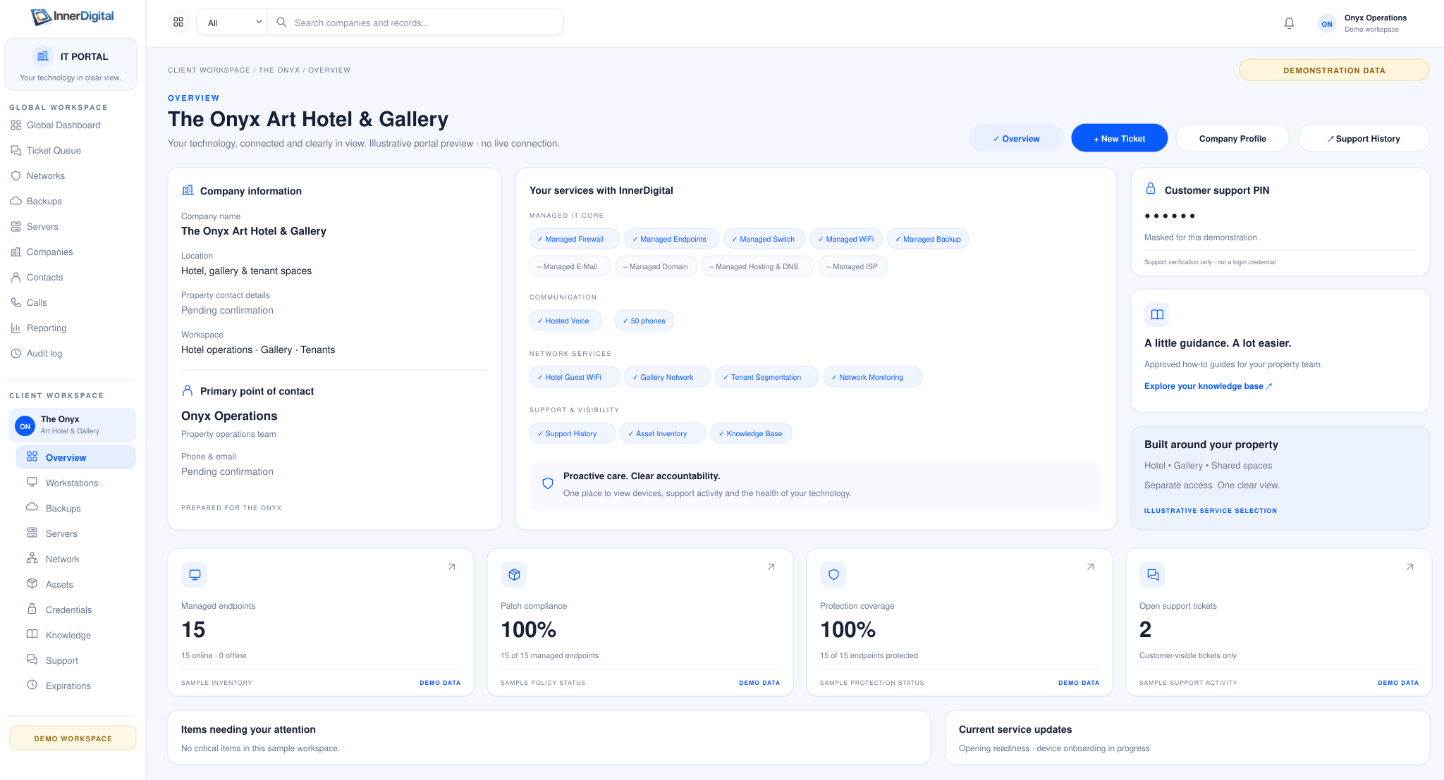 Recreated InnerDigital portal overview for The Onyx with demonstration data